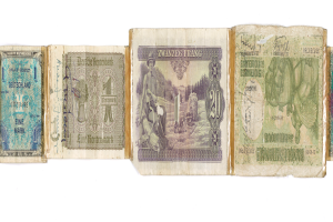 Ein altes Buch mit einer Sammlung von deutschen Banknoten verschiedener Nennwerte, die von 1 bis 99 auf ihm ausgebreitet sind.