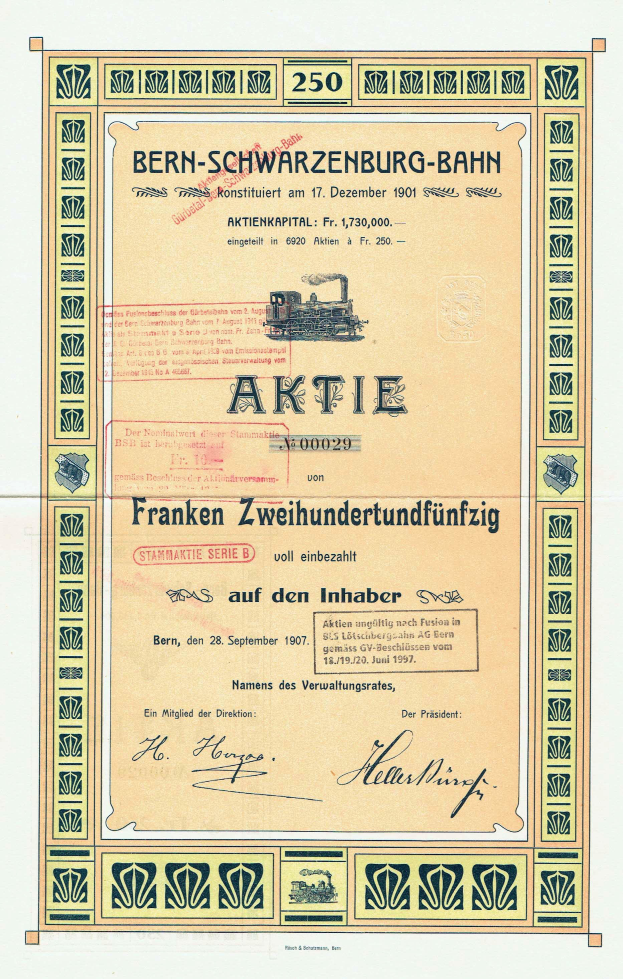 Ein altes Aktienzertifikat der Deutschen Regierung Bern-Schwarzenburg-Bahn, das Text und eine Illustration eines Zuges enthält.