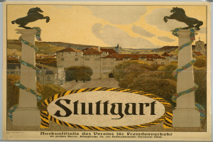 Ein Plakat, das Stuttgart, Deutschland bewirbt und zwei Pferde zeigt, die auf zwei Säulen stehen und von Gebäuden, Bäumen und Himmel umgeben sind.