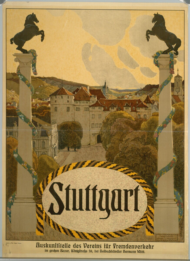Ein Plakat, das Stuttgart, Deutschland bewirbt und zwei Pferde zeigt, die auf zwei Säulen stehen und von Gebäuden, Bäumen und Himmel umgeben sind.