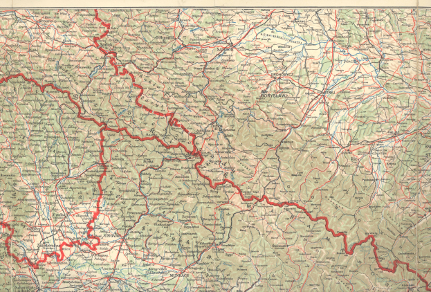 Ein altes Deutschland-Karte mit einer roten Linie, die hindurchläuft und detaillierte Informationen zu Straßen, Städten und geografischen Merkmalen auf einem cremefarbenen Hintergrund zeigt.