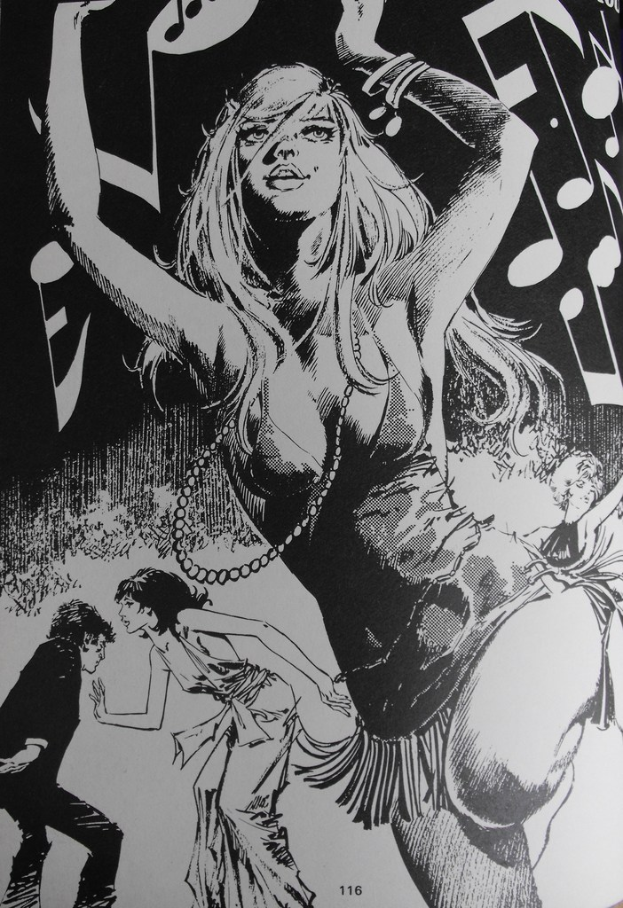 Ein Gemälde, das mehrere tanzende Menschen mit Noten oben zeigt.