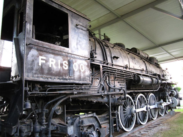 Ein Zug ist auf Schienen in der Mitte zu sehen, darunter Gras und darüber eine Decke und Stangen.