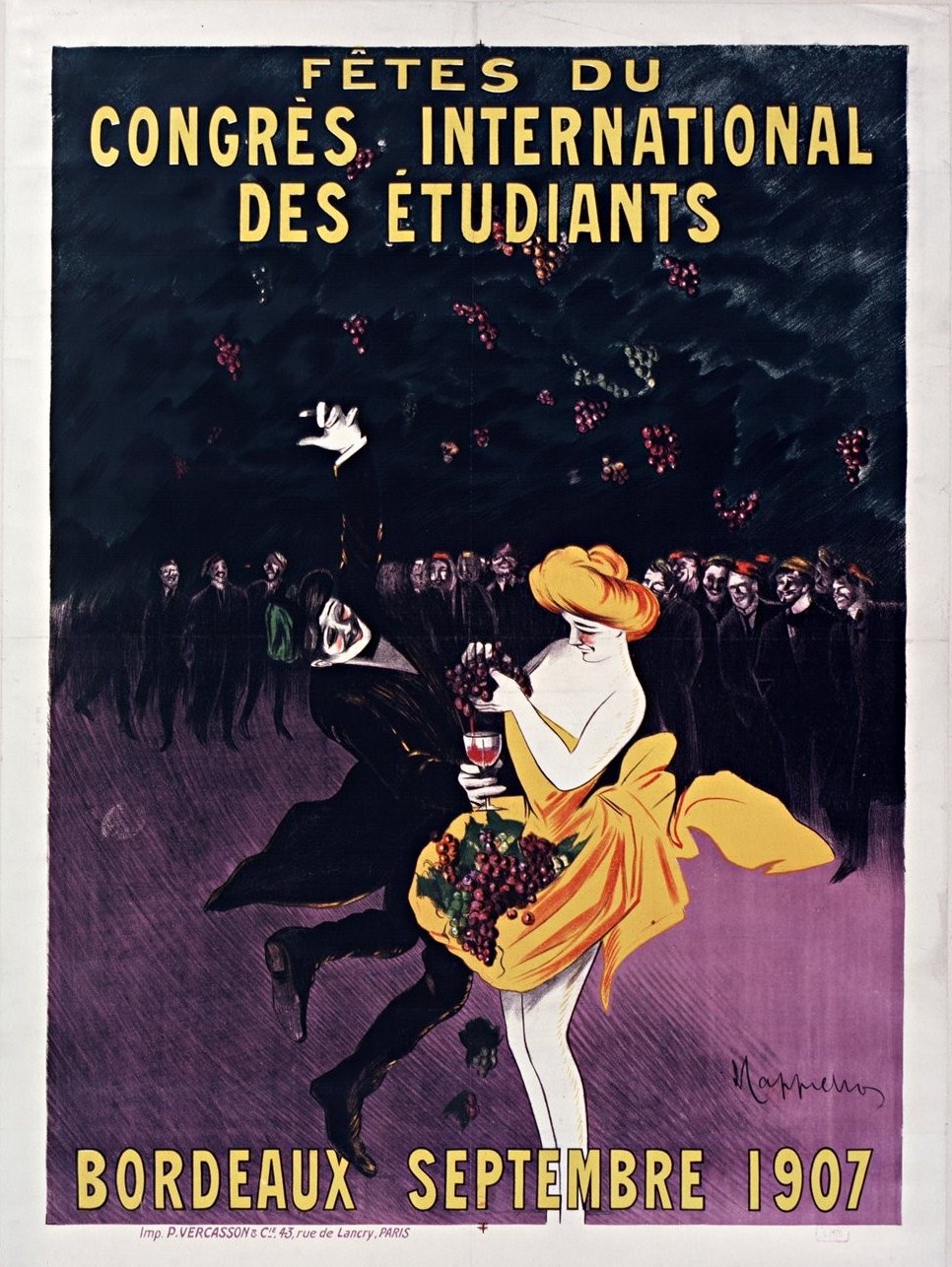 Plakat für eine Weinprobe im Jahr 1907 in Bordeaux, Frankreich, mit einer Frau in einem gelben Kleid, die ein Weinglas hält und von einer Gruppe Menschen umgeben ist.