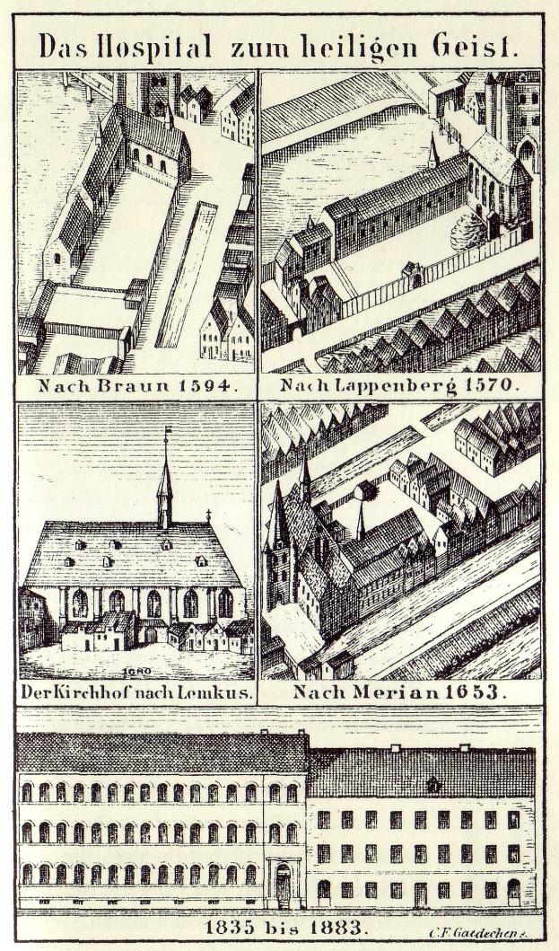 Eine detaillierte Plakatillustration eines deutschen Krankenhauskomplexes mit mehreren Gebäuden, Fenstern, Türen und Balkonen, begleitet von beschreibendem Text über seine Größe, Lage und Merkmale.