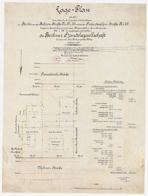 Schwarzes und weißes architektonisches Plan des Berliner Handelsvereins mit handgeschriebenem Text und einem Stempel auf der linken Seite.