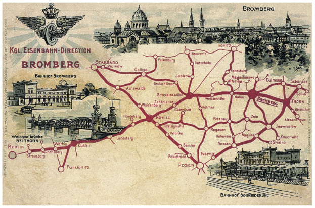 Ein detaillierter Stadtplan von Bromberg, Deutschland, mit Straßen, Sehenswürdigkeiten, Gebäuden, Bäumen und einer Brücke sowie begleitendem Text, der die Geschichte, Kultur und Attraktionen der Stadt beschreibt.