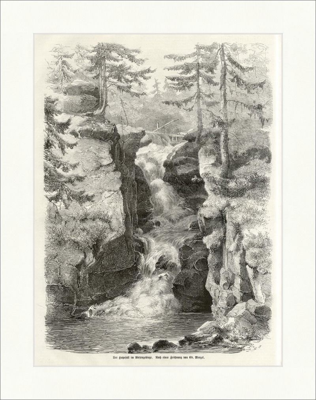 Schwarze und weiße Gravur eines Wasserfalls, der eine felsige Klippe hinabstürzt und von Bäumen umgeben ist, mit der Beschriftung "Die großen Wasserfälle der Alpen" unten.