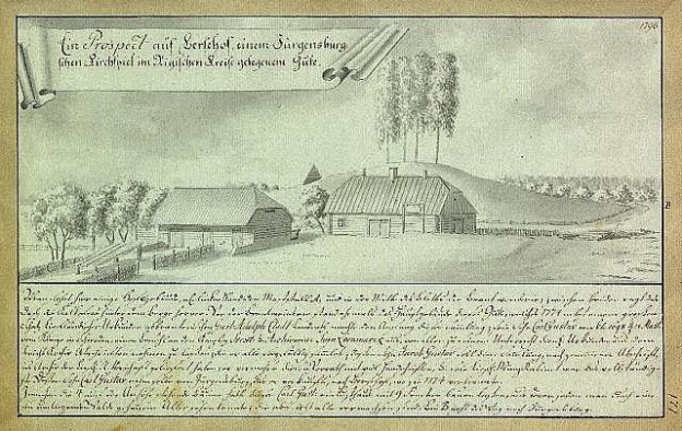 Ein altes Dokument, das eine Farm in einem Feld umgeben von Häusern, Bäumen und einem Himmel zeigt, mit dem Text "Surgensburg, Deutschland - Landschaft einer Farm".