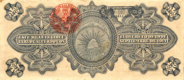 Alte mexikanische Banknote von 1911 mit rotem Stempel, das einen Mann zeigt, Text und Gestaltungselemente enthält.