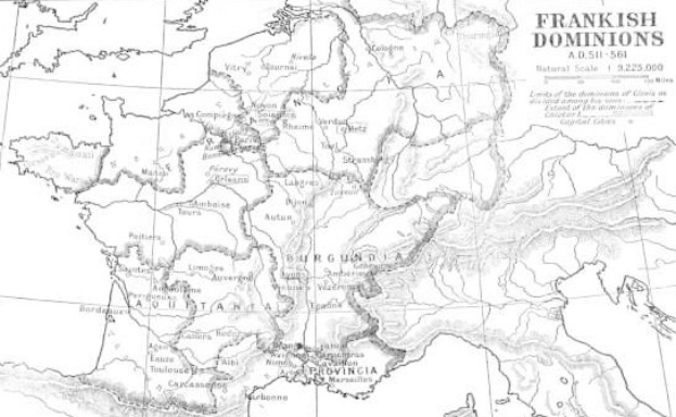 Eine Schwarz-Weiß-Karte des Britischen Empire mit der Aufschrift "Fränkische Besitzungen" in fetter, zentrierter Schrift, die Provinzen und Territorien zeigt.