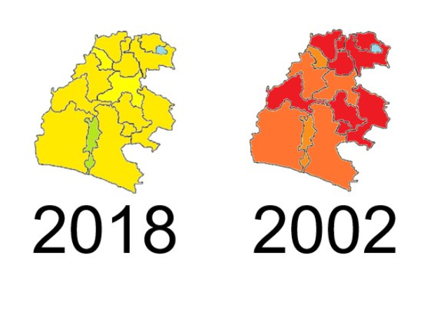 Karte von Deutschland, die die provinziellen Grenzen von 2002 und 2018 zeigt, mit Veränderungen in Gelb, Rot und Orange auf einem weißen Hintergrund.