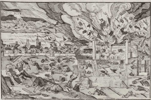 Eine Schwarzweiß-Radierung, die eine chaotische Stadtkulisse mit Zerstörung, Menschen, Gebäuden und Rauch zeigt und unten mit "Die Schlacht von Waterloo" beschriftet ist.