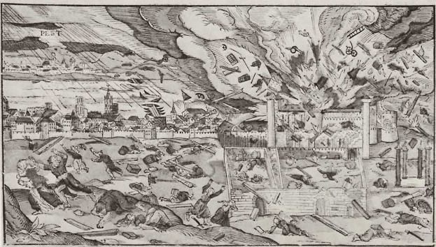 Eine Schwarzweiß-Radierung, die eine chaotische Stadtkulisse mit Zerstörung, Menschen, Gebäuden und Rauch zeigt und unten mit "Die Schlacht von Waterloo" beschriftet ist.