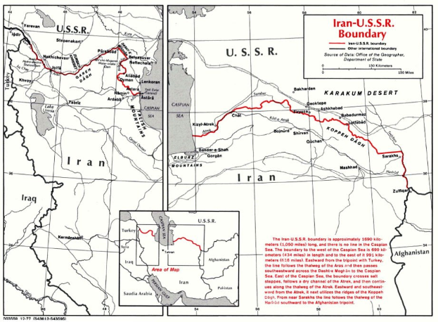 Detailierte Wandkarte der iranisch-sowjetischen Grenze mit geografischen Merkmalen und Landesgrenzen, begleitet von erklärendem Text.