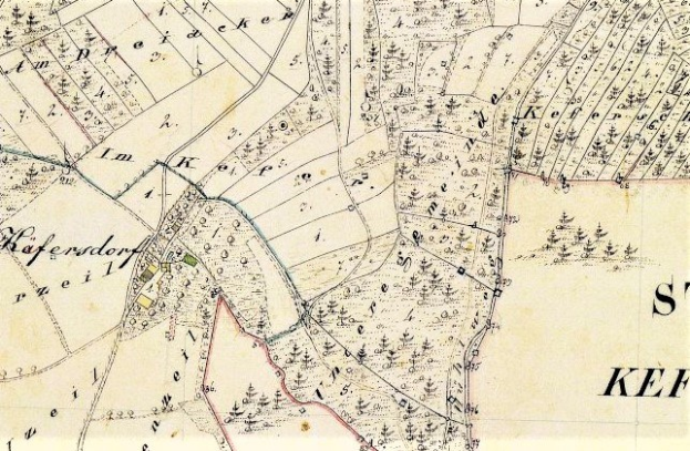 Ausführliche alte Karte von Kefendorf mit Straßen, Gebäuden, Sehenswürdigkeiten und Text mit zusätzlichen Stadtinformationen.