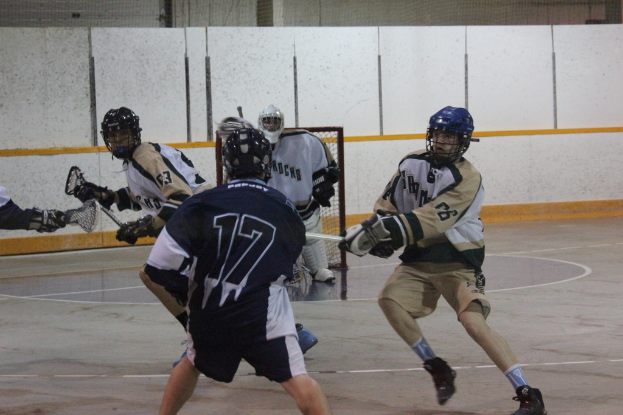Männer in Helmen mit Stöcken scheinen in einem umzäunten Bereich zu kämpfen, mit einem Netz im Hintergrund und einem Boden darunter.