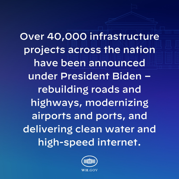 Blauer Hintergrund mit weißer Schrift, die besagt: "Über 40.000 Infrastrukturprojekte bundesweit wurden unter Präsident Biden angekündigt" und ein Logo unten.