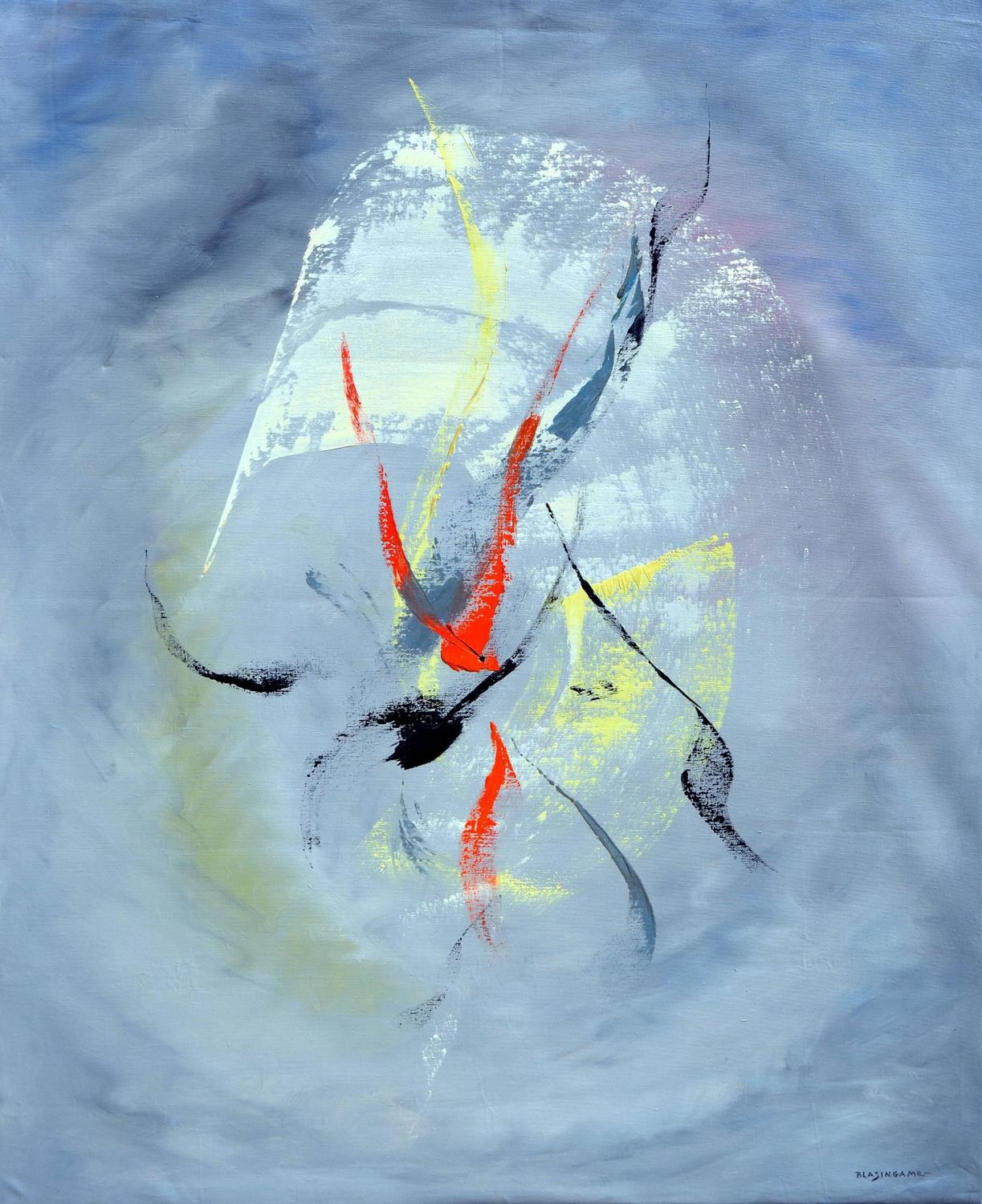 Abstrakte Acrylmalerei auf grauem Canvas mit blauem Hintergrund, roten und gelben Akzenten.