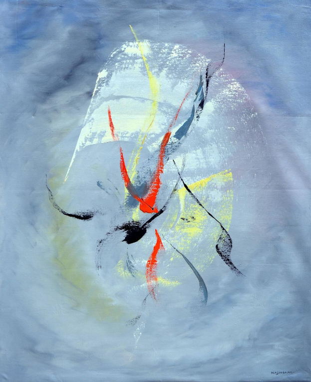 Abstrakte Acrylmalerei auf grauem Canvas mit blauem Hintergrund, roten und gelben Akzenten.