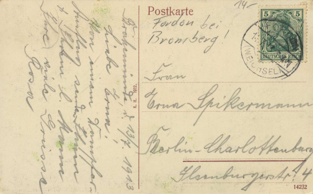 Eine alte Postkarte aus dem Jahr 1912 mit einer Briefmarke, adressiert an Bromberg, Deutschland.