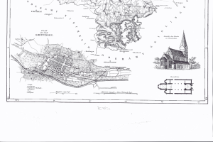 Eine schwarz-weisse alte Karte von Hamburg, Deutschland, mit einer Kirche in der Mitte und Textanmerkungen.