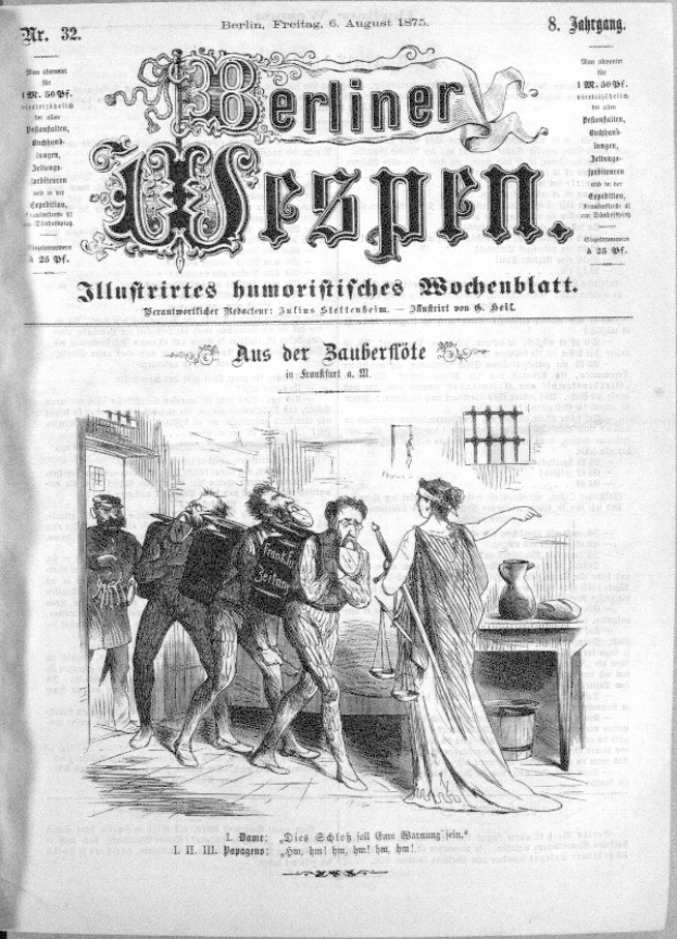 Schwarze und weiße Zeitung vom "Berliner Wespen, 6. August 1875" mit einer Gruppe von Menschen in Not, einige schauen ängstlich hoch und andere verwirrt runter.