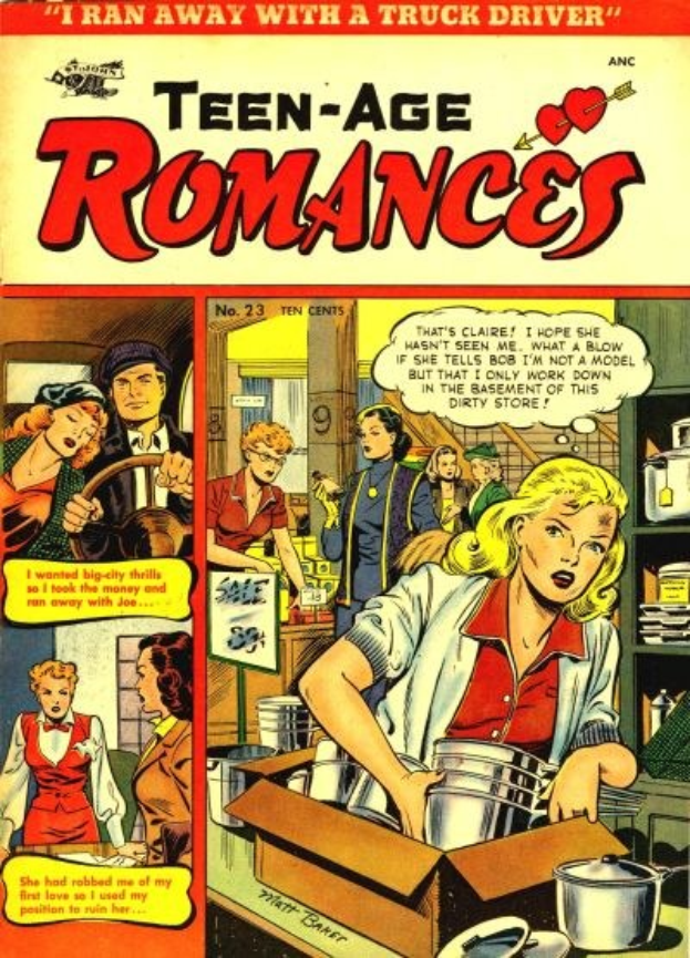 Ein farbenfrohes Plakat mit der Aufschrift 'Teen-Age Romances 23-A von DC', das eine Gruppe von Menschen in einer fröhlichen, romantischen Umarmung zeigt, die lächeln und sich in die Augen sehen.