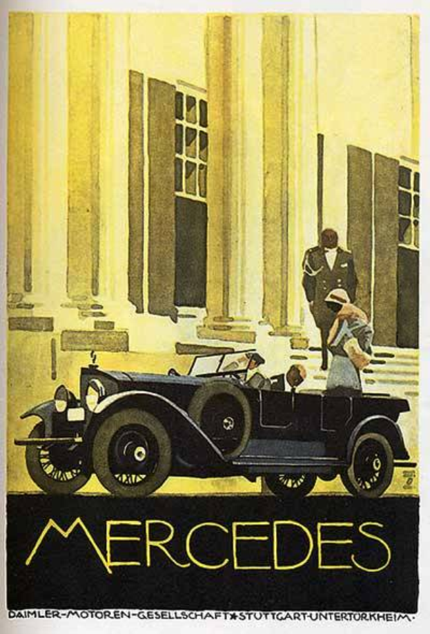Ein Vintage-Plakat aus den 1920er Jahren zeigt einen klassischen Mercedes-Benz Wagen vor einem modernen Glasgebäude geparkt, mit zwei Personen im Auto und "Mercedes-Benz" in fetter schwarzer Schrift unten.