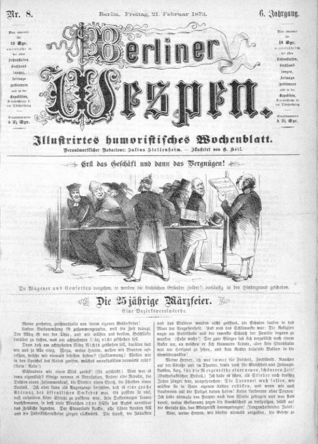 Alte deutsche Zeitung "Berliner Wespen" vom 21. Februar 1873 mit einer Gruppe von Menschen in traditioneller deutscher Tracht, die sich unterhalten, und deutscher Text, der das Ereignis beschreibt.