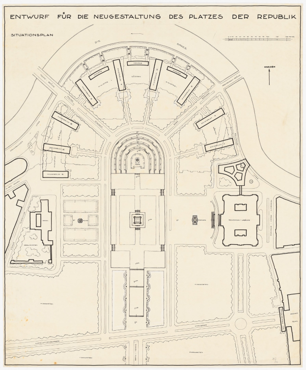 Schwarz-weiß-Plan von Berlin, Deutschland, mit einer zentralen Gebäudeillustration und Text, der das Stadtlayout und die umliegende Gegend detailliert.