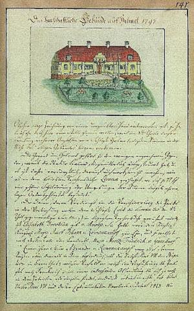 Ein altes Dokument mit einer detaillierten Zeichnung eines Hauses mit rotem Dach und weißen Wänden, das als Schleswig-Holstein-Schule von Delmar in Deutschland im Jahr 1797 gilt, unterzeichnet von der Schule.