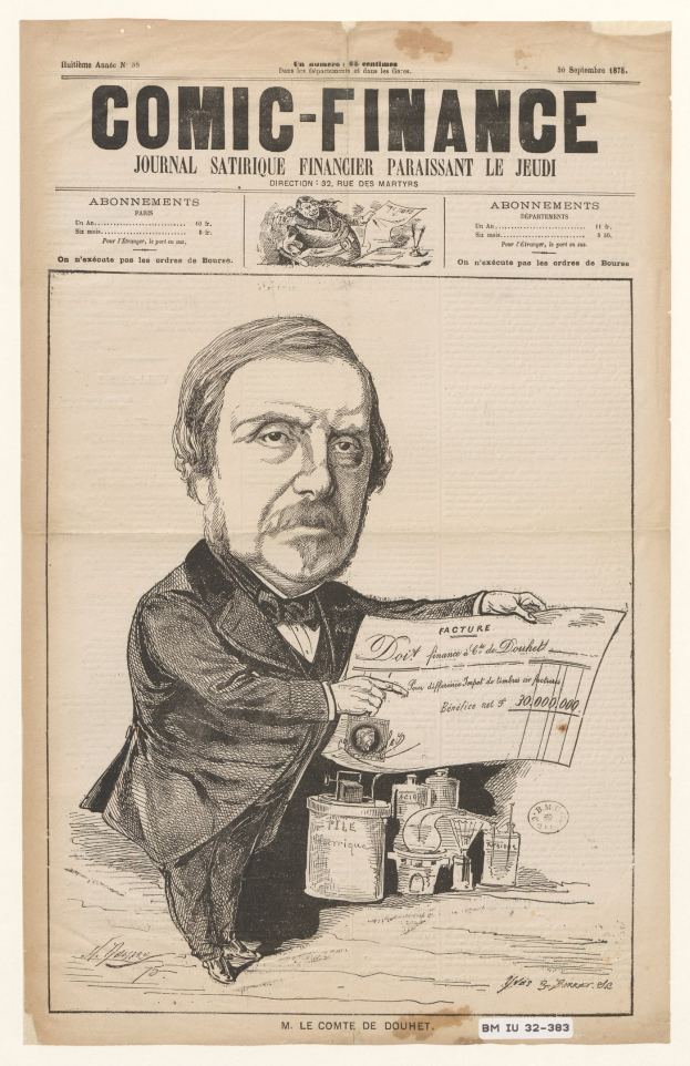 Schwarz-weiß-Illustration eines Mannes im Anzug und mit Krawatte, der ein Papier mit Text und Zahlen hält, das an ein Comic-Finanzmagazin erinnert.