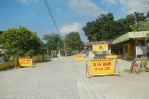 Eine Stra├če mit einem gelben "Slow Down School Zone"-Schild, parkende Fahrzeuge auf der rechten Seite und ein Hintergrund mit B├Ąumen, Geb├Ąuden, Masten, Dr├Ąhten und dem Himmel.