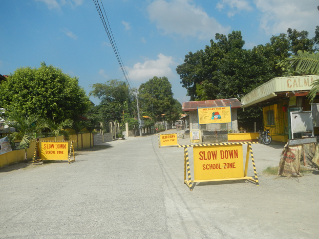 Eine Stra├če mit einem gelben "Slow Down School Zone"-Schild, parkende Fahrzeuge auf der rechten Seite und ein Hintergrund mit B├Ąumen, Geb├Ąuden, Masten, Dr├Ąhten und dem Himmel.