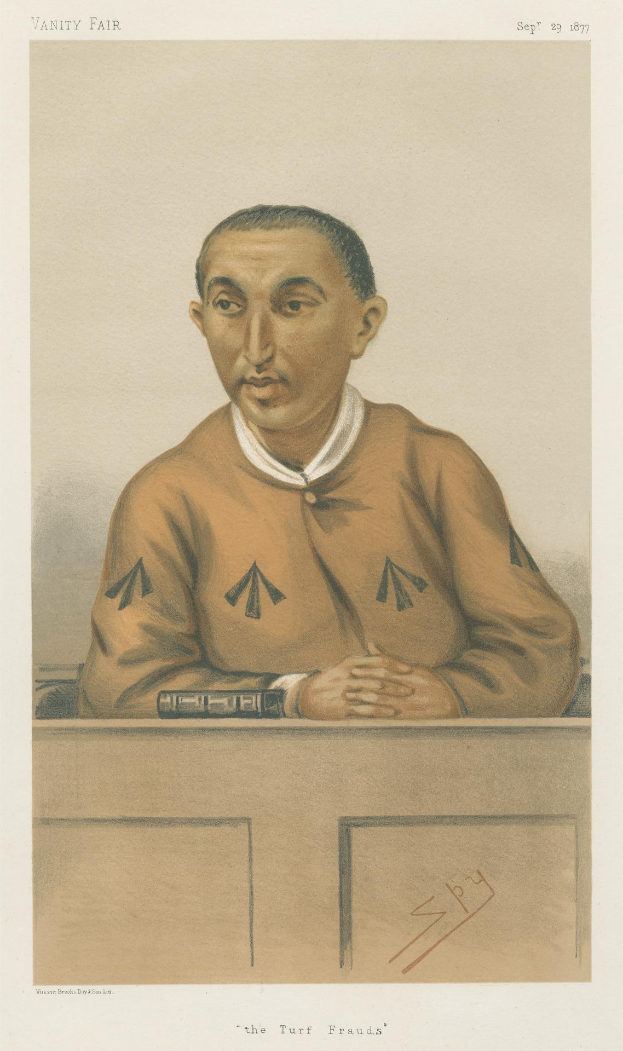 Ein Mann in weißem Hemd und dunkler Hose sitzt an einem Tisch mit gefalteten Händen und ernster Miene, mit dem Text "Die Rennplatzbetrügereien" unten.