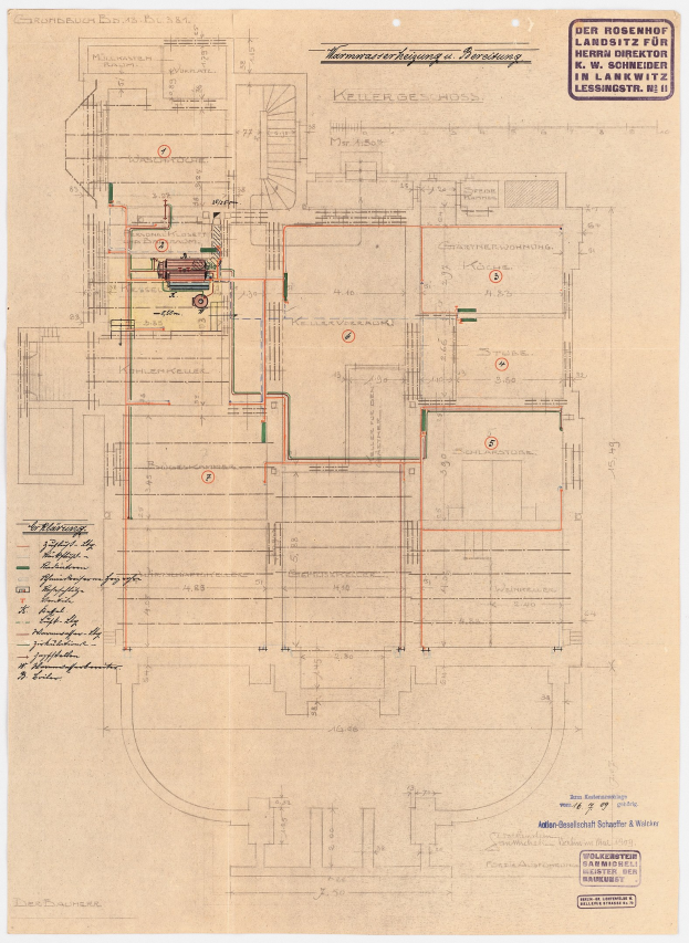 Schwarz-weißer Architekturplan des Rosenhof-Krankenhauses in Hamburg, Deutschland, der detaillierte Layout mit zahlreichen Drähten und beschrifteten Räumen, Fluren und Merkmale auf altem Papier zeigt.