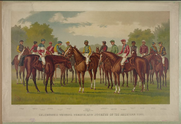 Gruppe von Menschen, die auf Pferden reitet, auf einer grünen Wiese mit Bäumen und einem blauen Himmel, mit Text unten: "Feier der Siegerpferde und Jockeys des amerikanischen Turfs".