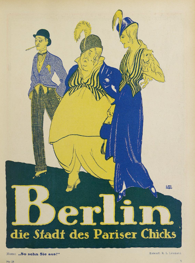 Ein Plakat, das ein Konzert in Berlin, Deutschland, ankündigt, mit einer Gruppe von Menschen in bunter Kleidung vor einem Gebäude mit der Aufschrift "Berlin - Die Stadt des Pariser Chicks" oben.