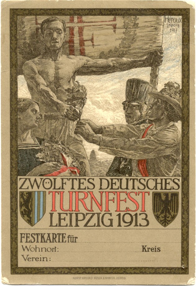 Plakat für das Zwölfte Deutsche Turnfest Leipzig 1913, das eine zentrale Personengruppe und Textdetails zeigt.
