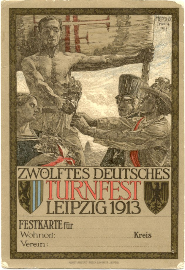Plakat für das Zwölfte Deutsche Turnfest Leipzig 1913, das eine zentrale Personengruppe und Textdetails zeigt.