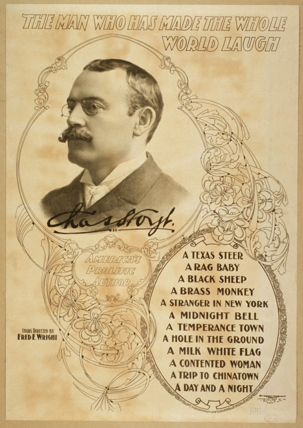 Ein Mann mit Schnurrbart und Brille schaut konzentriert in die Ferne; der Text "Der Mann, der die ganze Welt zum Lachen gebracht hat" ist darüber zu sehen.