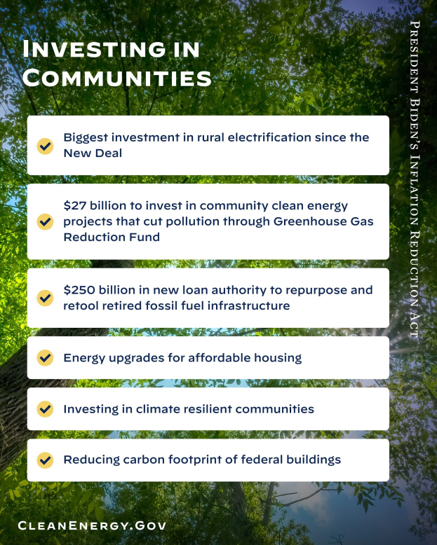 Plakat mit Bäumen und Himmel im Hintergrund, mit dem Text: "In Communities investieren: Größte Investition in ländliche Elektrizität seit dem New Deal."