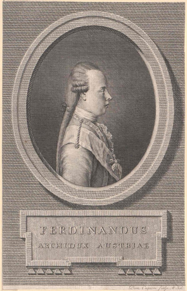 Gravur von Ferdinand III., Erzherzog von Österreich, mit einem zentralen Porträt, das sein Gesicht, seitlichen Blick, leichtes Lächeln, zurückgekämmtes Haar und einen dunklen Mantel mit hohem Kragen zeigt, begleitet von Text unten.