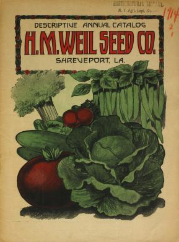 Ein Buch mit dem Titel "H.M. Weil Seed Co. Shreveport, LA", das ein Bild verschiedener Gemüse auf dem Cover zeigt.