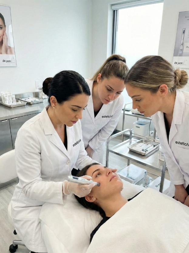 Eine zeitgemäße Kosmetikpraxis: Drei Fachkräfte in professioneller Kleidung führen konzentriert eine hochwertige Gesichtsbehandlung durch. Die Atmosphäre strahlt Präzision, Expertise und den Einsatz innovativer Hautpflegeverfahren in einer klinisch reinen Umgebung aus.