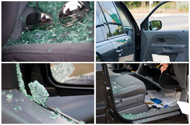 Eine Collage aus vier Bildern: Brille auf gebrochenen Glasscherben, eine Seitansicht eines Autos, ein gebrochenes Autofenster und ein Autositz voller Glasscherben mit verstreuten Papieren.