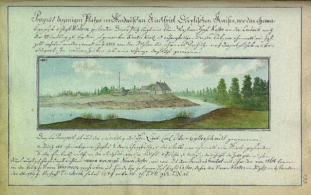 Ein abgenutztes 18. Jahrhundert Buch mit dem Titel "Deutsche Landschaften, Landschaft und Landschaft von Deutschland" mit einer Illustration eines Flusses, eines Hauses, Bäume, Gras und einem bewölkten Himmel.