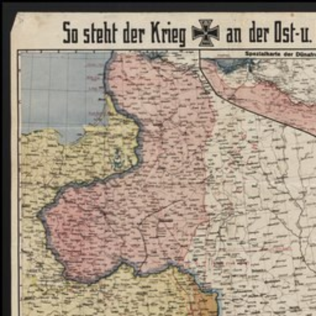 Ein gerahmtes Deutschland-Karte mit der Aufschrift "So Steht der Krieg an der Ost-U" darübergelegt.