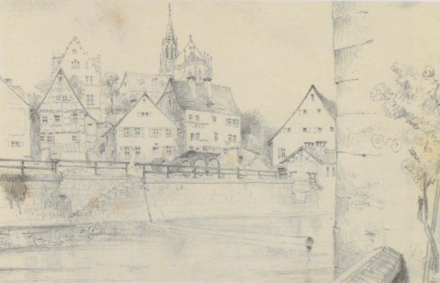 Kohlezeichnung mit dem Titel "Nürnberg, Deutschland" von Joseph Mallord William Turner, die eine Stadtansicht mit einem Fluss, Gebäuden, Bäumen und einer Brücke zeigt.